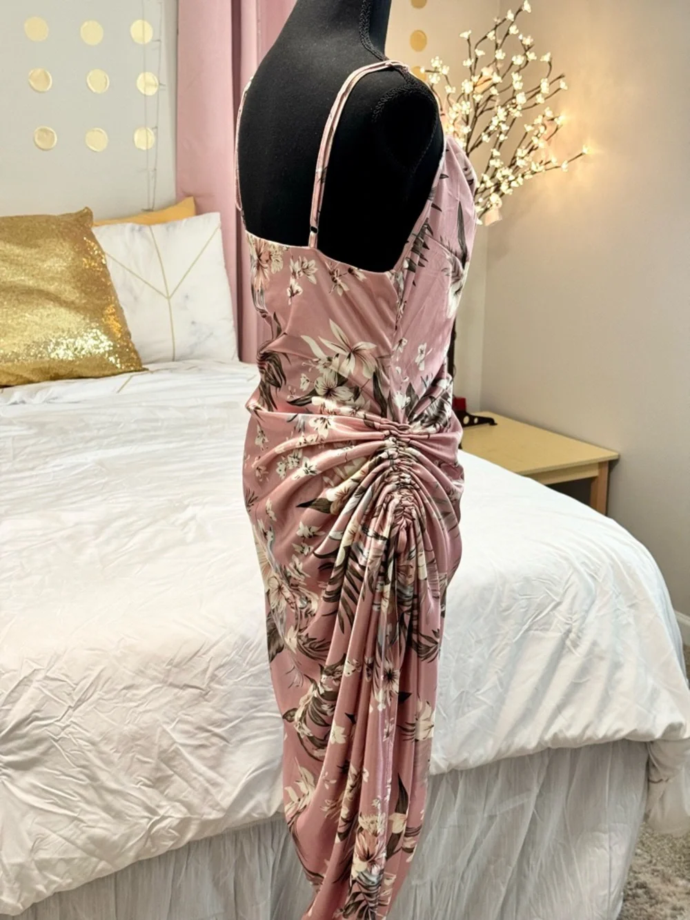 Mauve Floral Cowl Neck Ruched Slip Dress - Picture 5 of 8